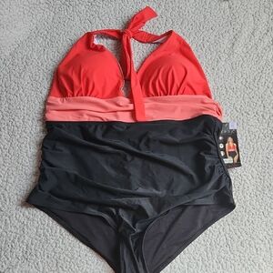 SERRA Womens Tummy Toning Three Tone Color, Halter Neck Summer Swimsuit sz XL